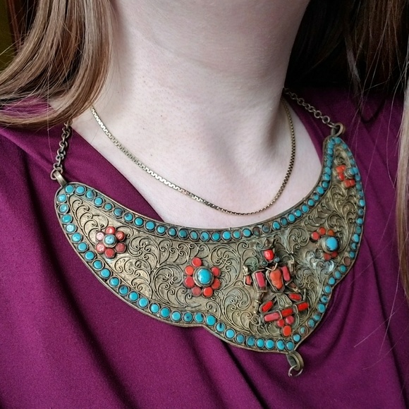 Vintage necklace Tibetan goddess bib Nepali gold tone boho bohemian - Picture 2 of 9